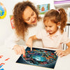 A woman is helping a young girl assemble a colorful animal-shaped wooden jigsaw puzzle.