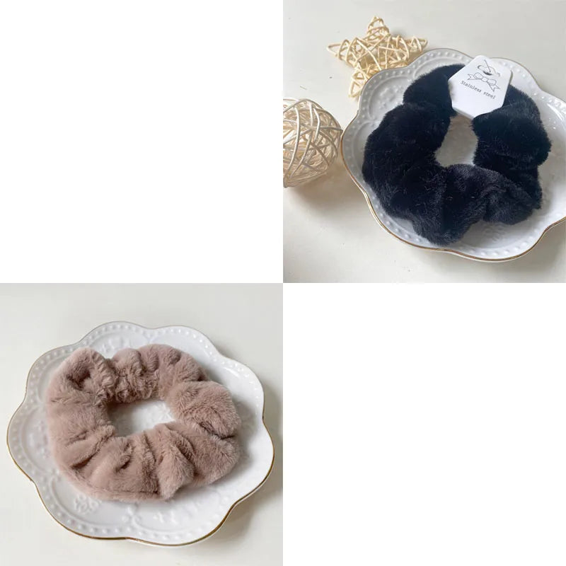 Plush Knit Scrunchie Hair Ties with Leather Accent