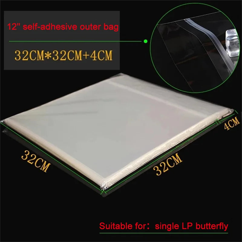 A flat, white vinyl record sleeve with black edges and a clear self-adhesive outer bag shown next to its dimensions.