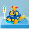 A blue and yellow police gear car toy with a light-up siren on a stand.