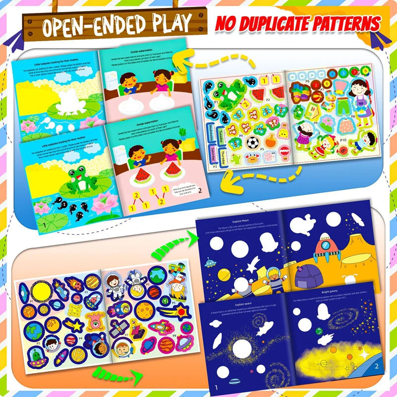 An open-ended play sticker book for toddlers featuring animal scenes and preschool learning activities.