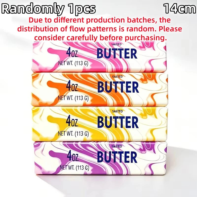 Four squishy butter stick fidget toys in various colors and patterns for stress relief