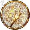 A circular wooden puzzle featuring a white flowering tree with bright yellow light radiating from the branches.
