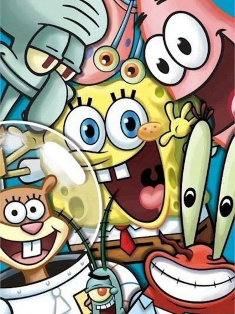A colorful illustration featuring characters from SpongeBob SquarePants in a diamond painting style.