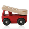 A red wooden toy car with a light wood ramp and wheels, designed for toddlers.