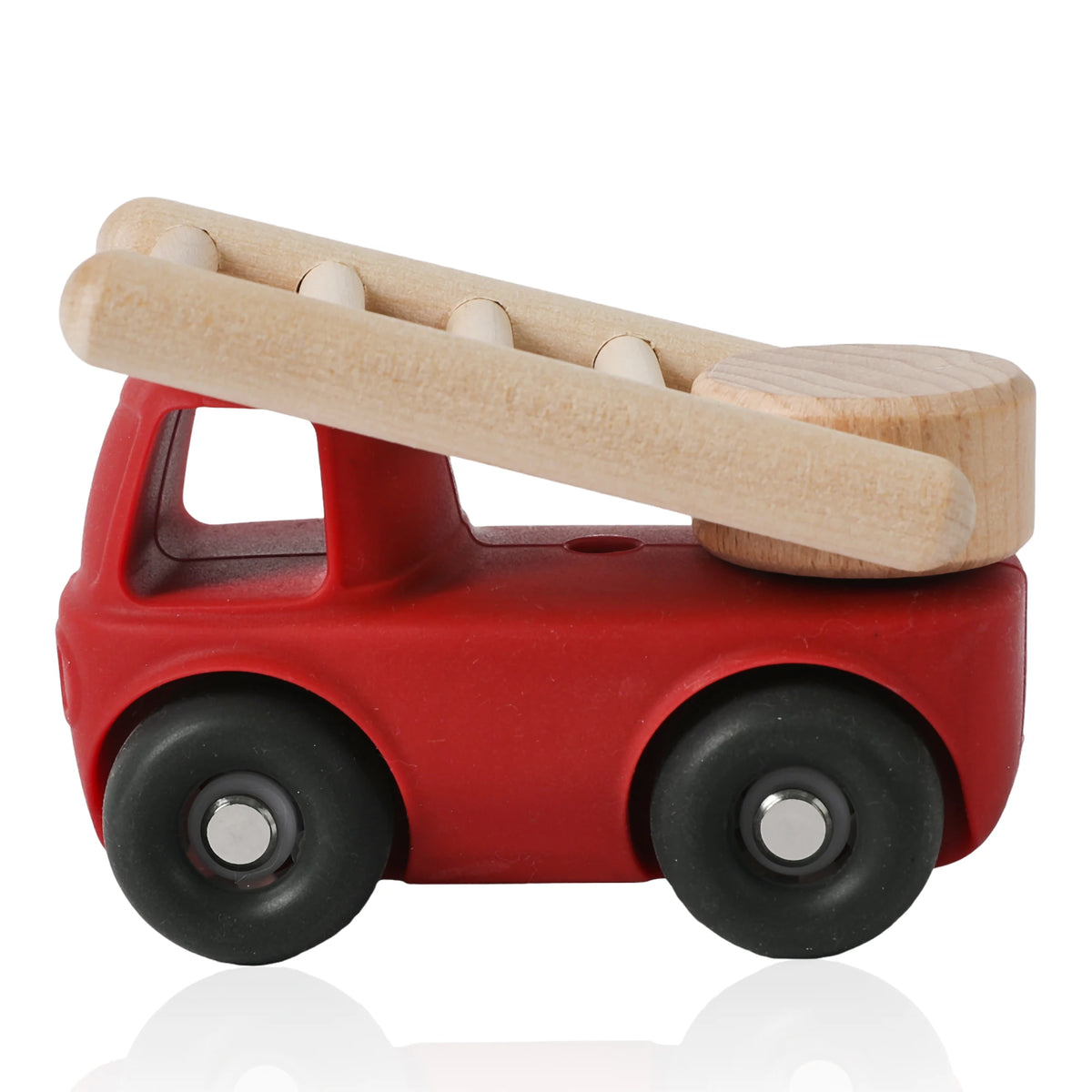 A red wooden toy car with a light wood ramp and wheels, designed for toddlers.