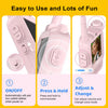 Pink kids video walkie-talkies with a screen showing a child, demonstrating on/off and press and hold features.