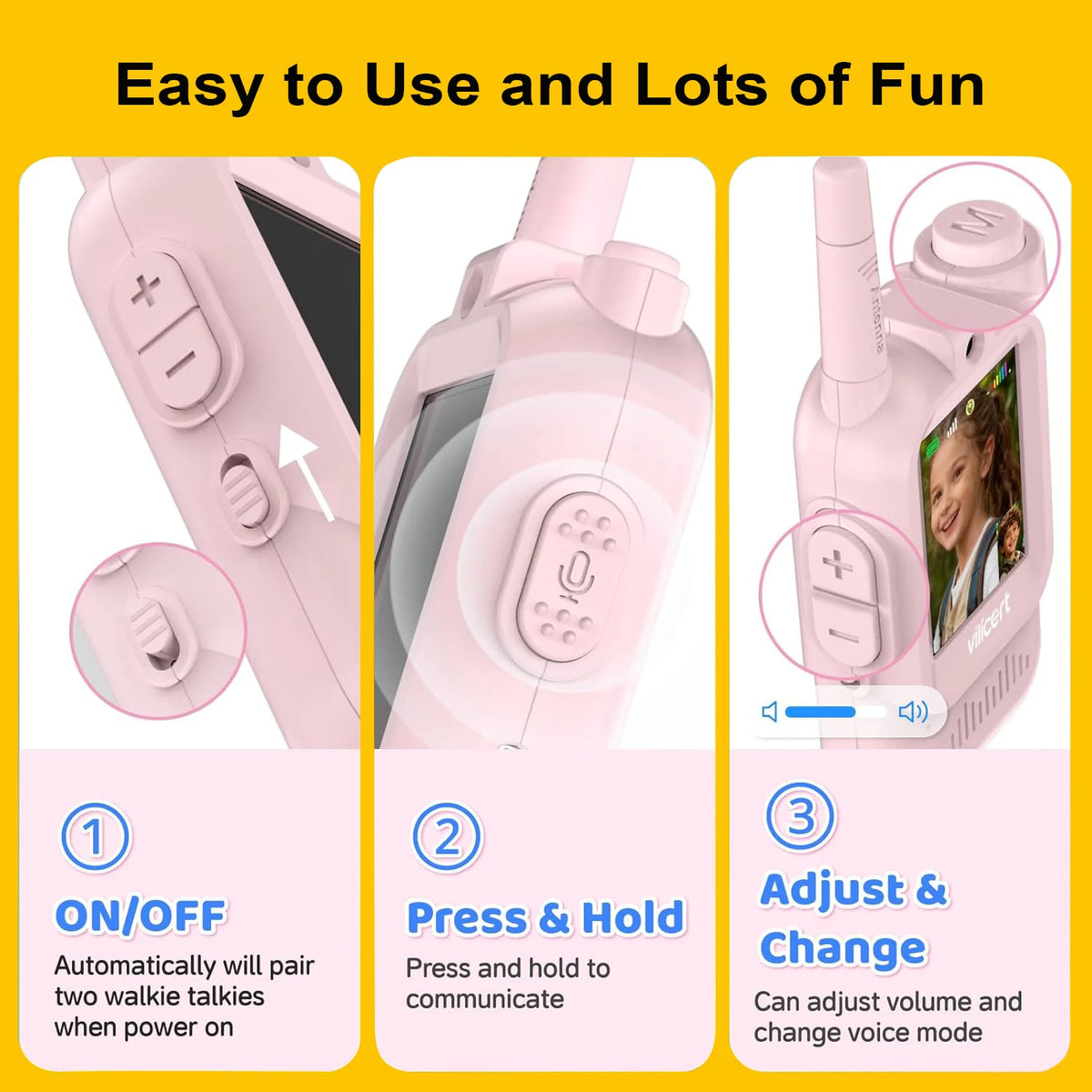 Pink kids video walkie-talkies with a screen showing a child, demonstrating on/off and press and hold features.