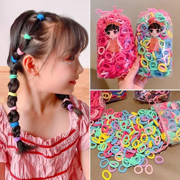 A girl is shown with hair styled in braids and ponytails, next to a pack of colorful nylon elastic hair ties.