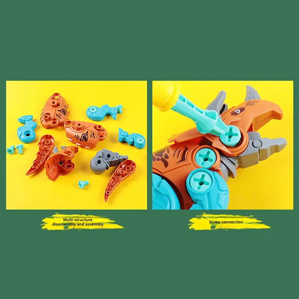 A set of multi-structure dinosaur toys showing parts for disassembly and assembly with screw connections.