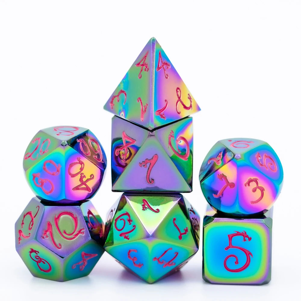 Premium Metal Polyhedral Dice Set with Dragon Font
