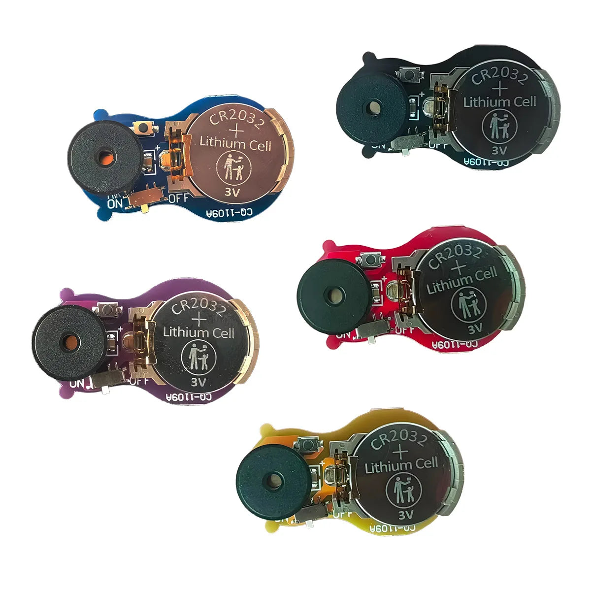 Three variations of a CR2032 lithium cell battery module for a hidden cricket noise maker device.