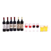 A set of five miniature resin wine bottles and four small juice glasses for a dollhouse display.