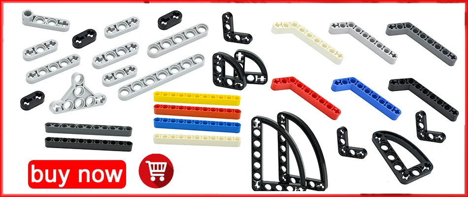 A collection of various Technic liftarm beams and building blocks in black, gray, white, and blue colors.