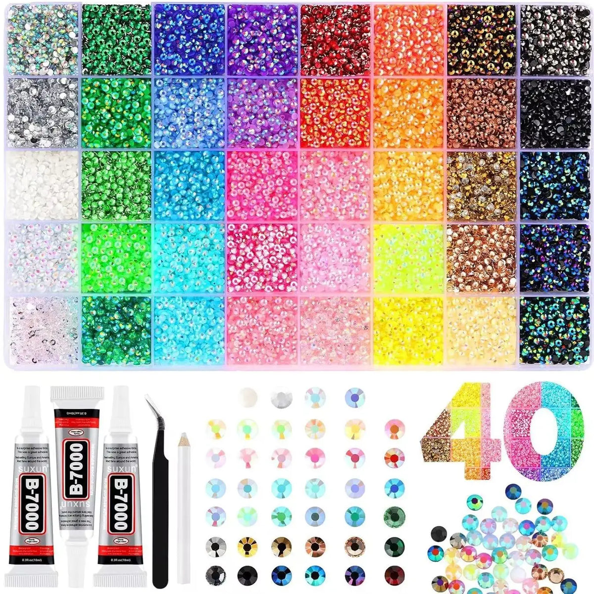 Collection de 40 pièces de paillettes en résine et strass multicolores pour projets de bricolage.