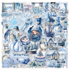 A watercolor sticker pack featuring winter scenes like snow, ice, cozy houses, and animals in blue and white tones.