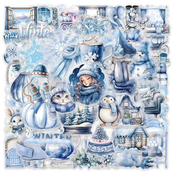 Aufkleber-Set mit Wintermotiven in Aquarell: Schnee, Eis, gemütliche Häuser und Tiere in Blau-Weiß.
