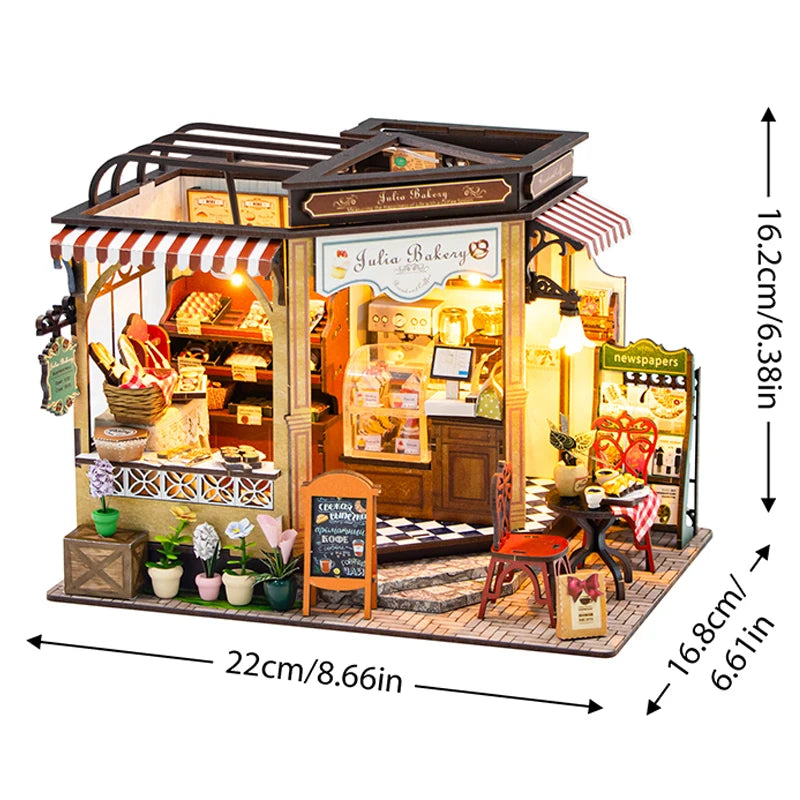 A wooden mini seaside villa dollhouse kit featuring a bakery storefront with furniture and decor.