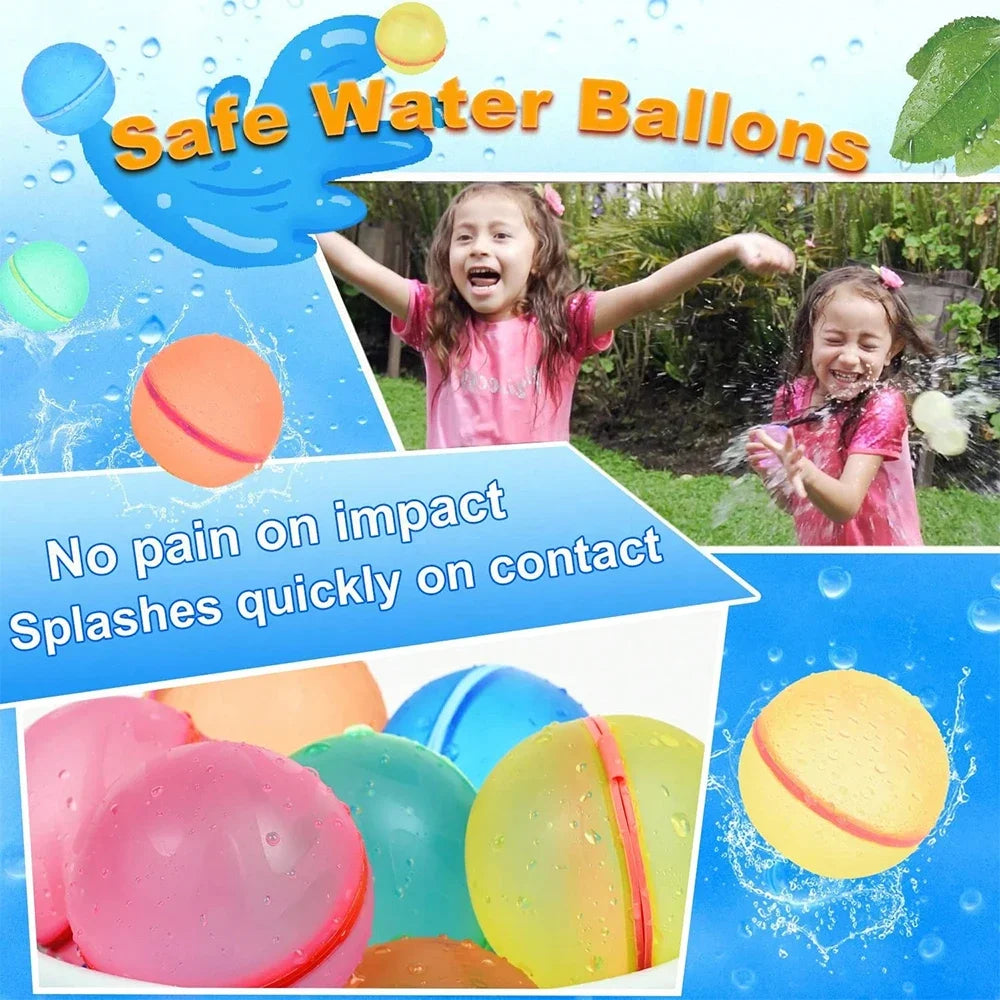 A group of children playing with colorful, reusable water balloons outdoors.