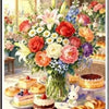 A colorful arrangement of flowers and a plate of baked goods, including cupcakes and bread, displayed for home decor.
