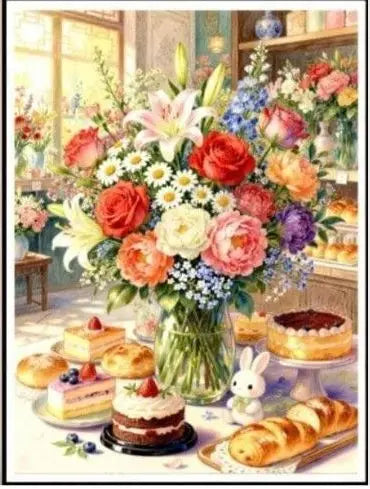 A colorful arrangement of flowers and a plate of baked goods, including cupcakes and bread, displayed for home decor.