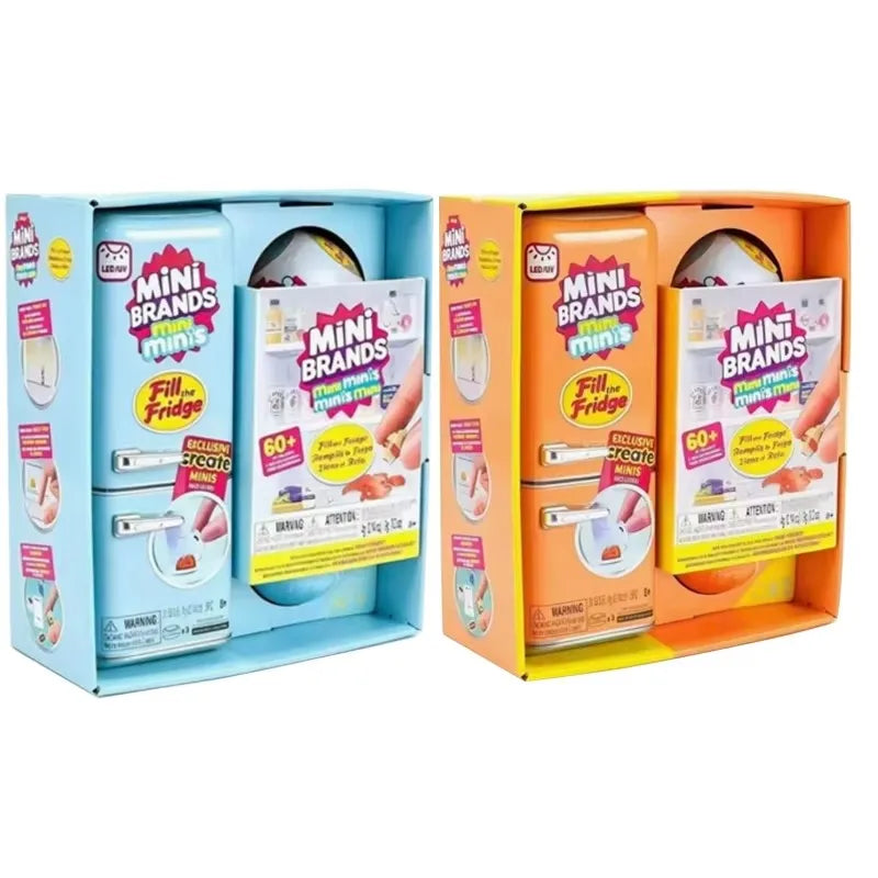 A colorful LED light-up mini fridge playset with food accessories and packaging.