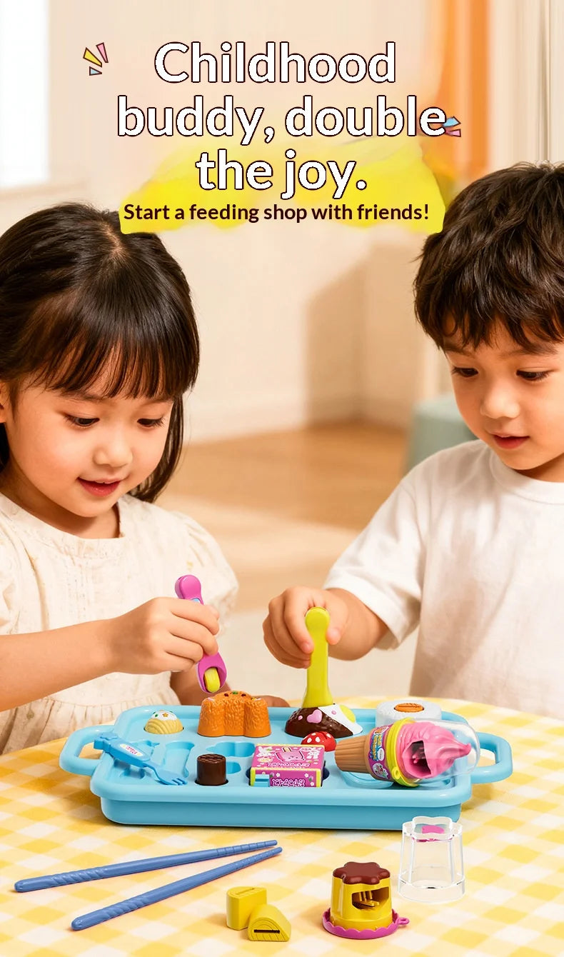 A set of strawberry pudding pretend play kitchen tools including spoons and molds for children.