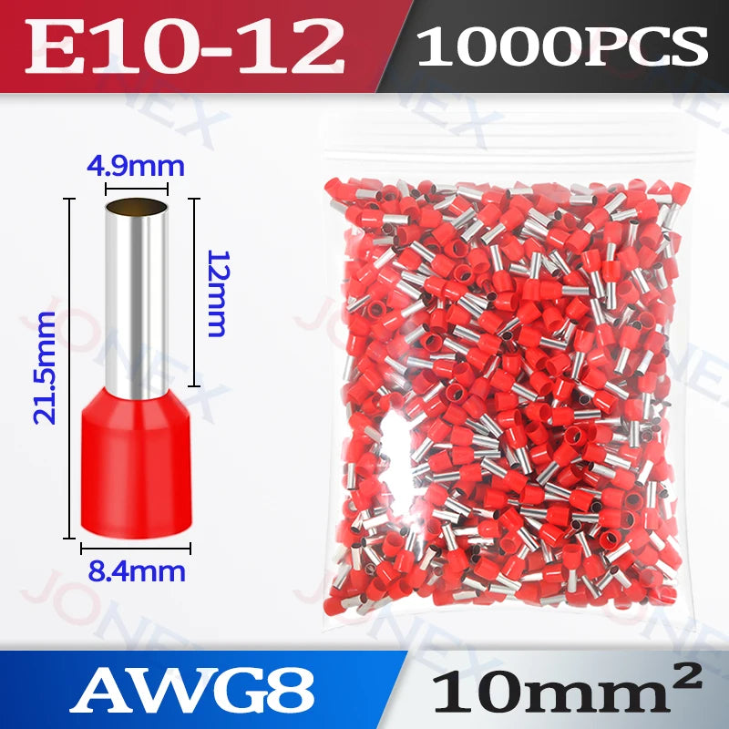 A package of 1000 pieces of AWG8 10mm² insulated tubular crimp terminals with a red housing.