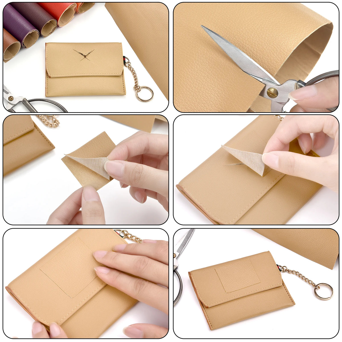 Various close-up shots showing self-adhesive PU leather repair patches being applied to and repaired on various items.