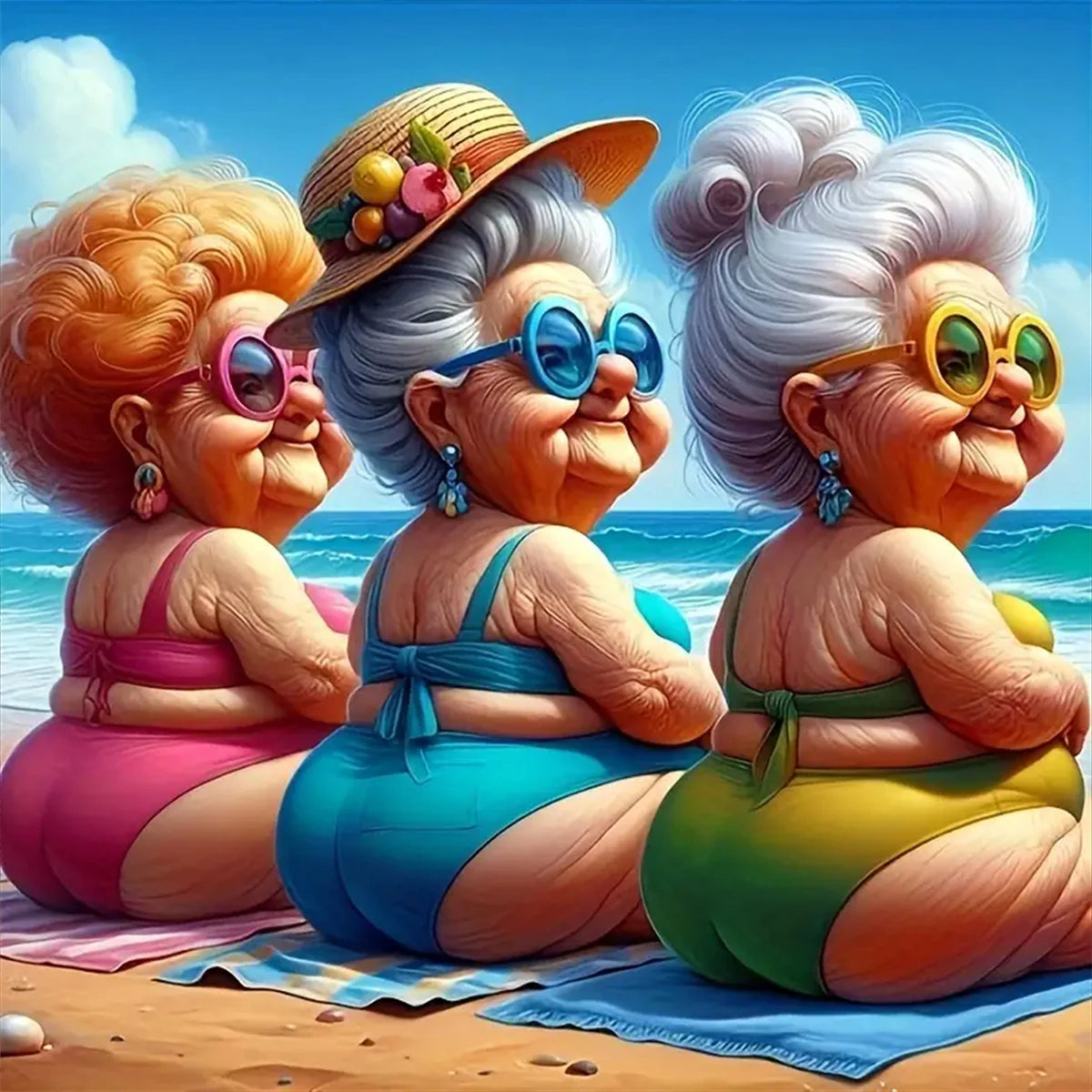 Three elderly women smiling while doing a DIY diamond painting kit portrait outdoors