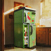 A green retro radio building block set is displayed on a shelf next to wooden cabinetry.