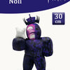 A dark purple plush toy resembling a character from Forsaken with a crown and white ear details.