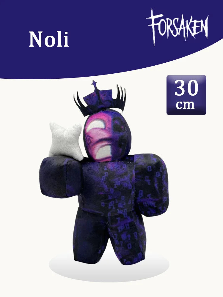 A dark purple plush toy resembling a character from Forsaken with a crown and white ear details.