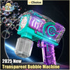 A transparent purple and teal bubble machine is shown against a space background with bubbles floating around.
