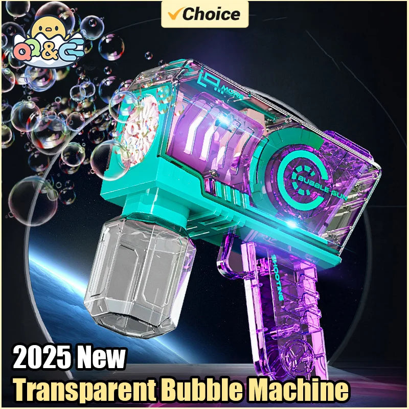A transparent purple and teal bubble machine is shown against a space background with bubbles floating around.
