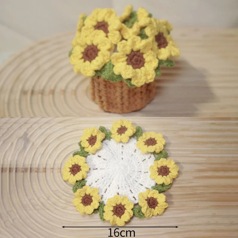 Hand-crocheted yellow and green lily of the valley coasters with a natural woven base