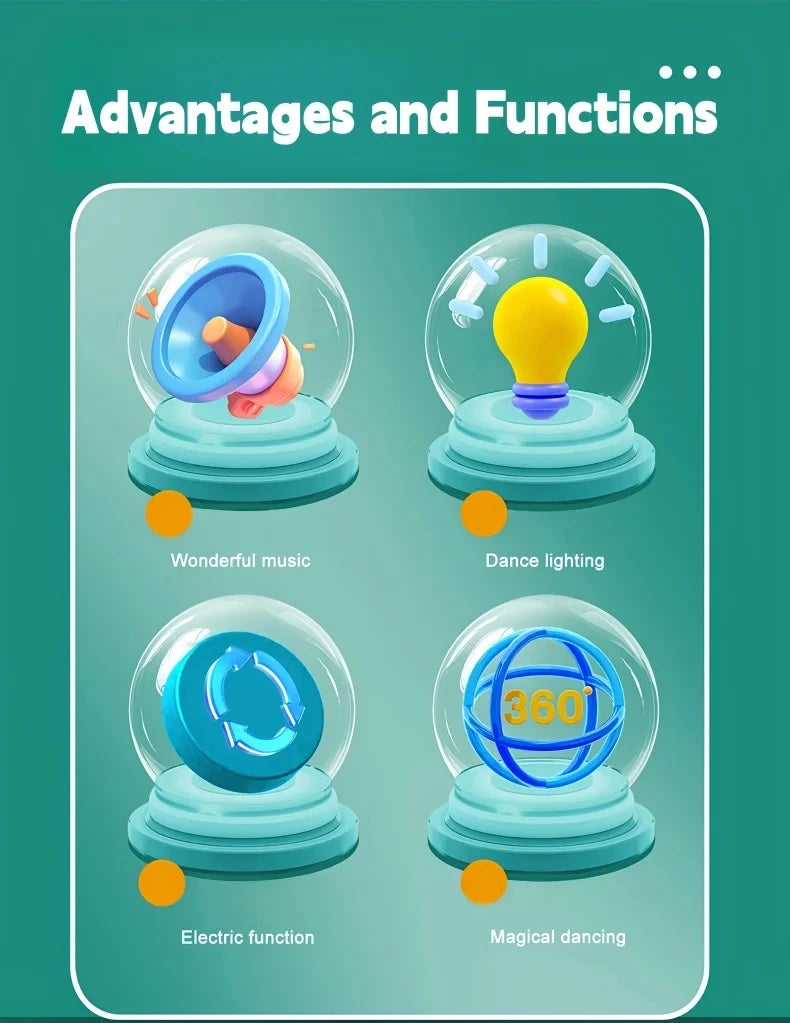 Four glowing, spherical toys demonstrating music, dance lighting, electric function, and magical dancing features.