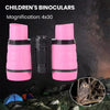 Pink children's binoculars with 4x30 magnification shown next to a bird in nature.