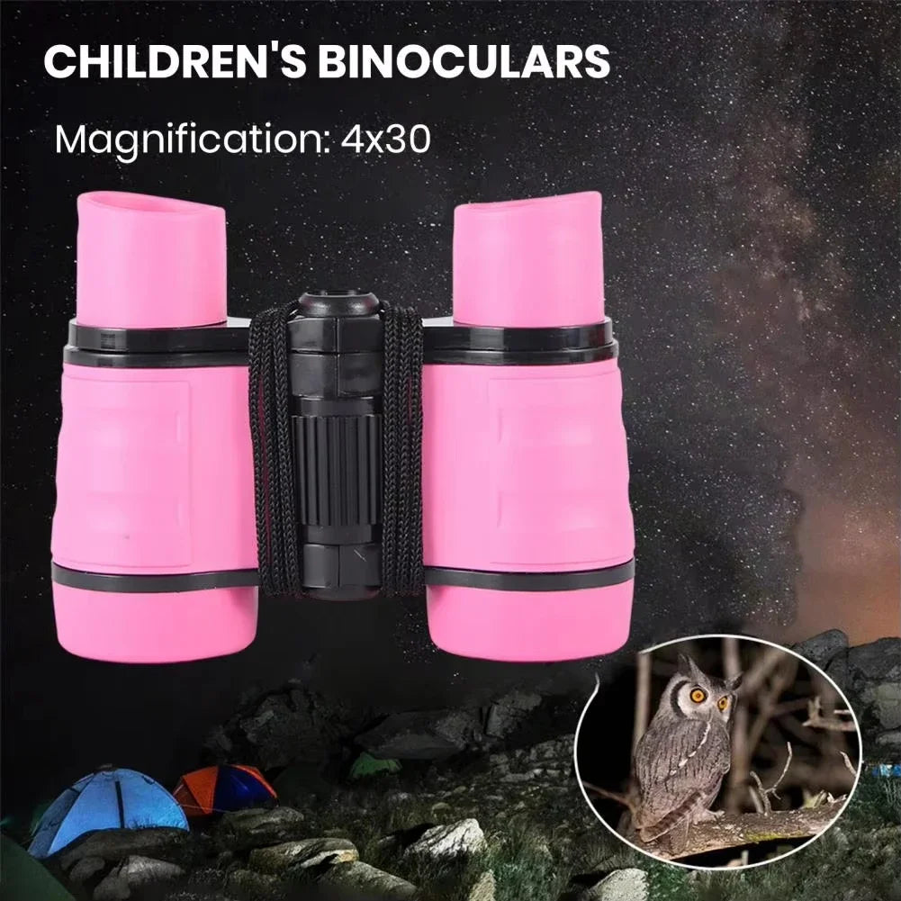 Pink children's binoculars with 4x30 magnification shown next to a bird in nature.