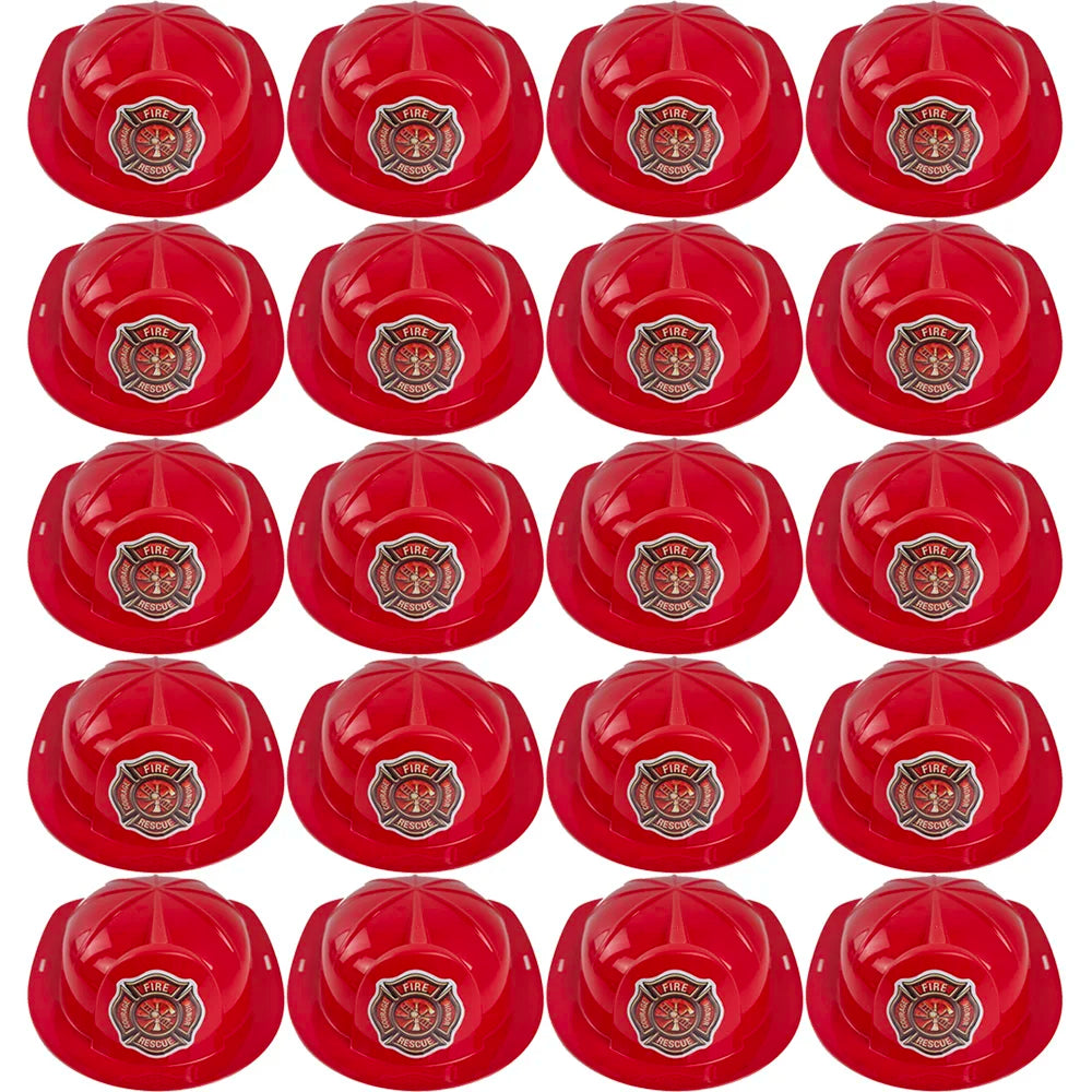 A set of red firefighter helmets for kids shown from the top view.
