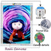Diamond painting kit showing a portrait of a woman with various color lists and canvas details