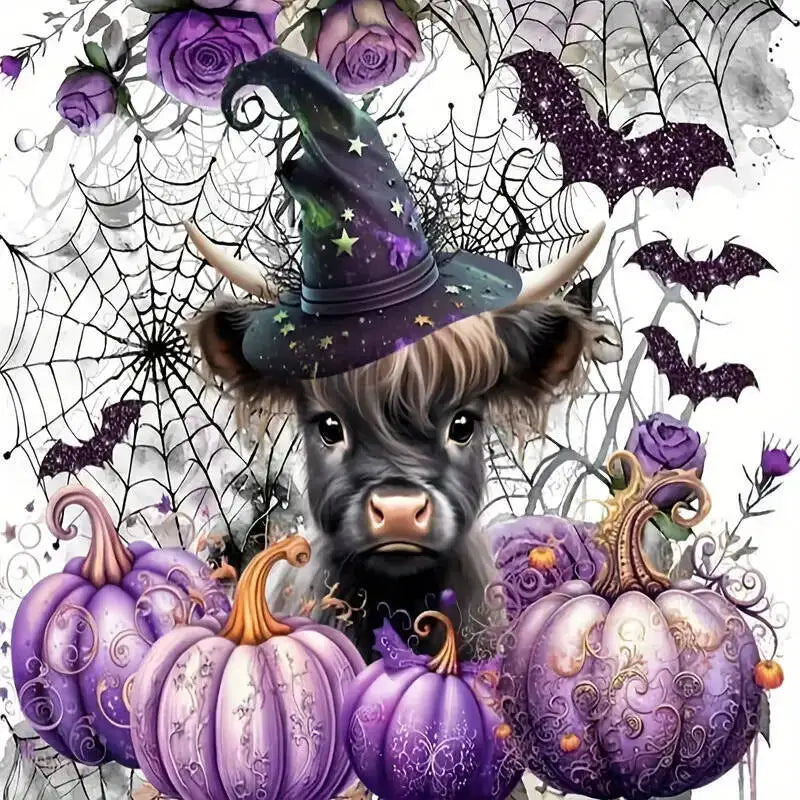 A dark purple witch hat sits atop a Highland cow's head surrounded by spiderwebs and purple floral elements.
