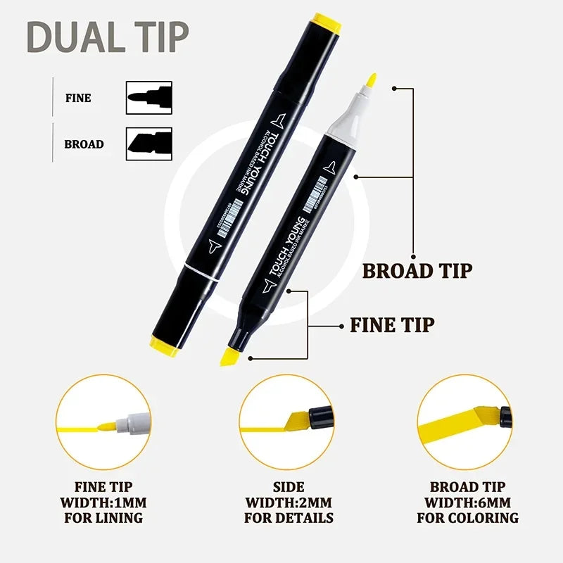 A set of dual-tip alcohol markers showing fine, side, and broad tips for art and coloring.