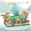 A detailed micro building block set of a Chinese marriage pavilion with a tiled roof and surrounding garden scenery.