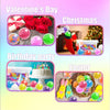 A collage of various colorful stress balls and party items for Valentine's Day, Christmas, Birthday, and Easter celebrations.
