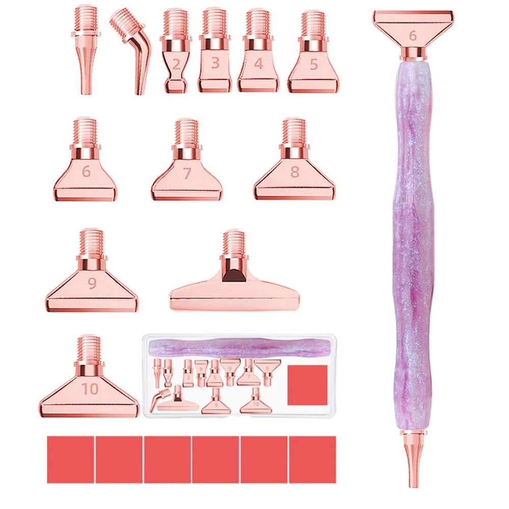 A set of 10 resin diamond painting pens with interchangeable metal tips and multi-placers shown in various numbers and colors