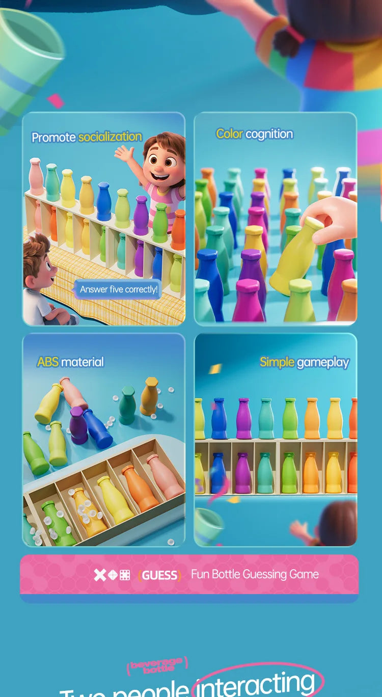 A colorful interactive guessing game featuring bottles for a fun bottle guessing game.