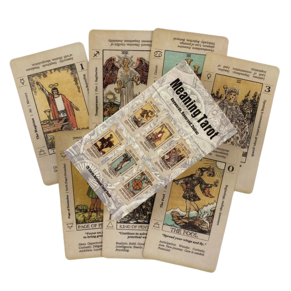 A deck of tarot cards featuring various illustrations and text for divination reading