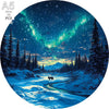 A circular image showing a vibrant aurora borealis over a snowy forest landscape with evergreen trees and a winding path.