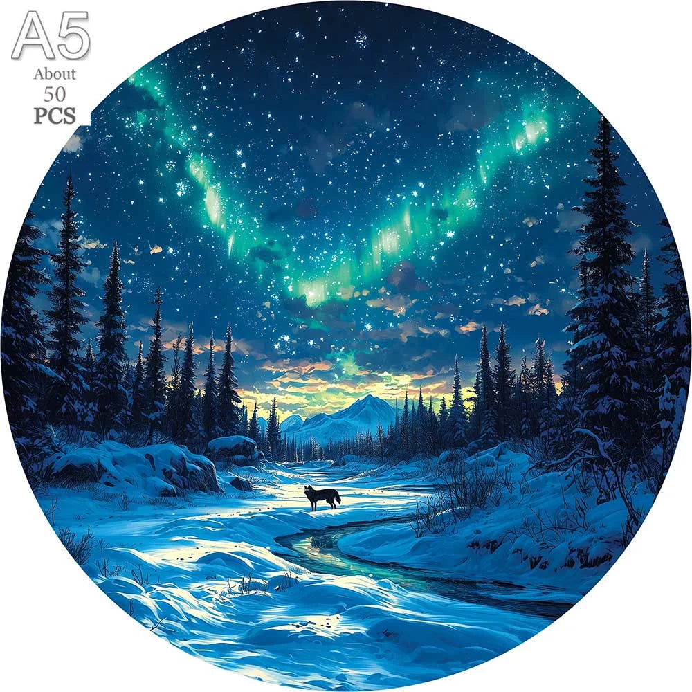 A circular image showing a vibrant aurora borealis over a snowy forest landscape with evergreen trees and a winding path.